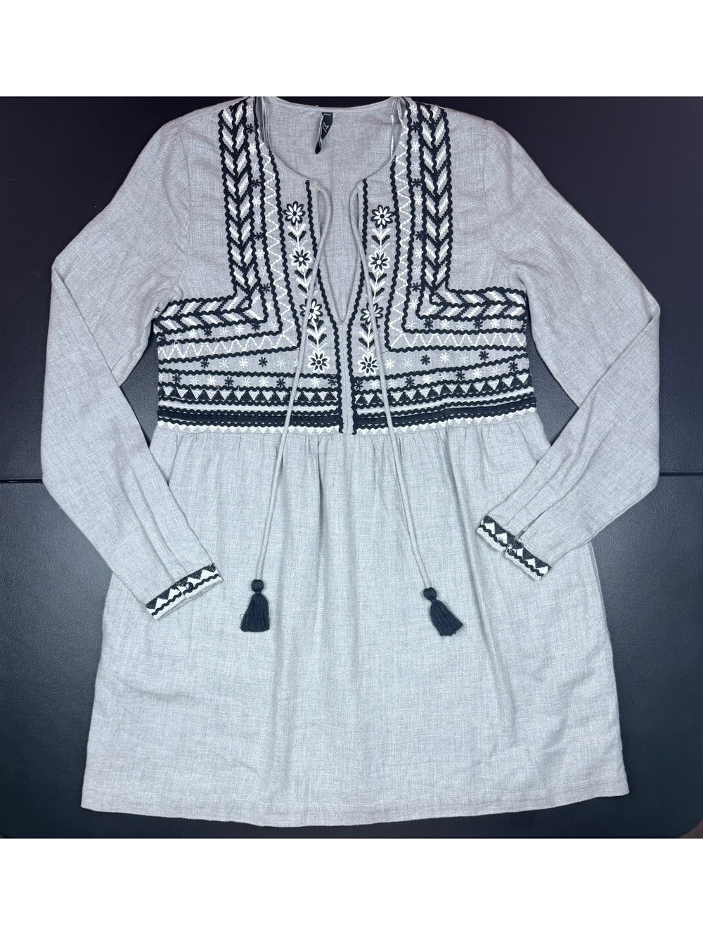 Zara TRF Womens XS Gray Embroidered Tunic Dress Boho Tassel Long Sleeve Mini - Picture 6 of 13